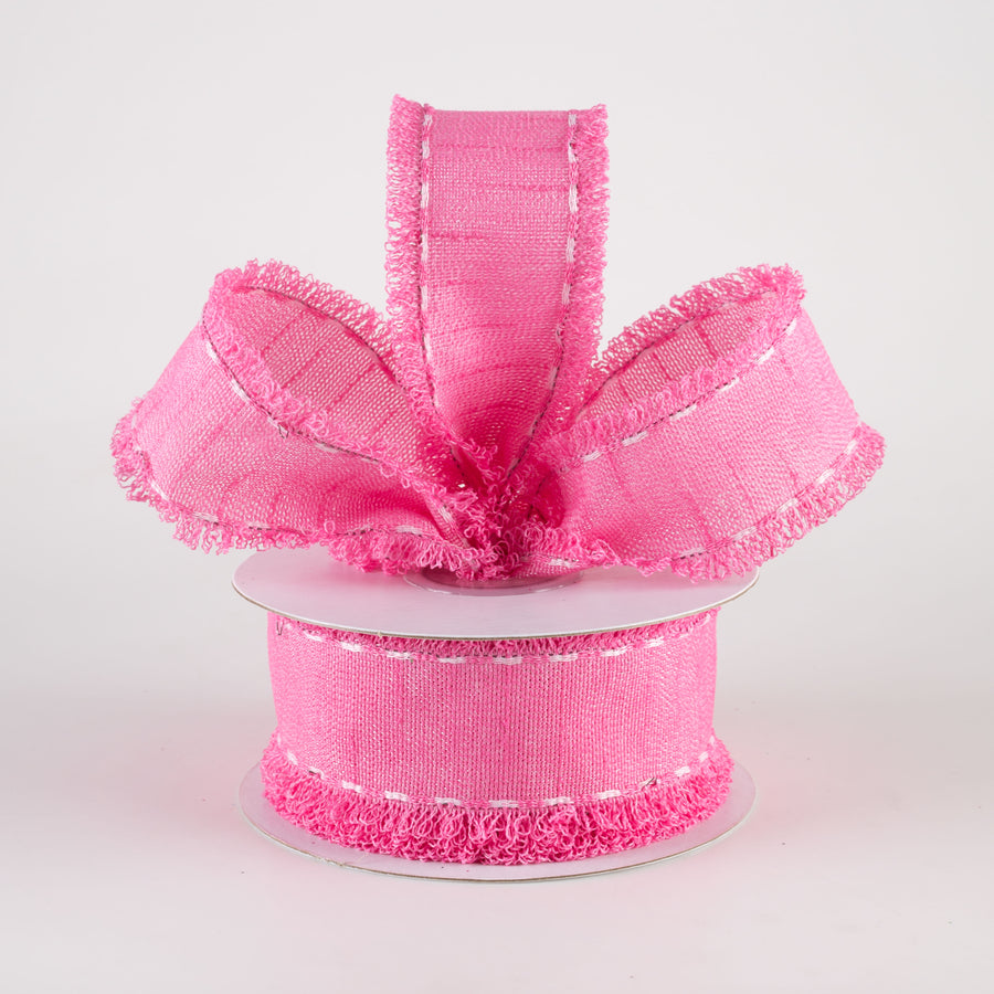 1.5" Slub Fuzzy Edge Ribbon: Hot Pink & White (10 Yards)