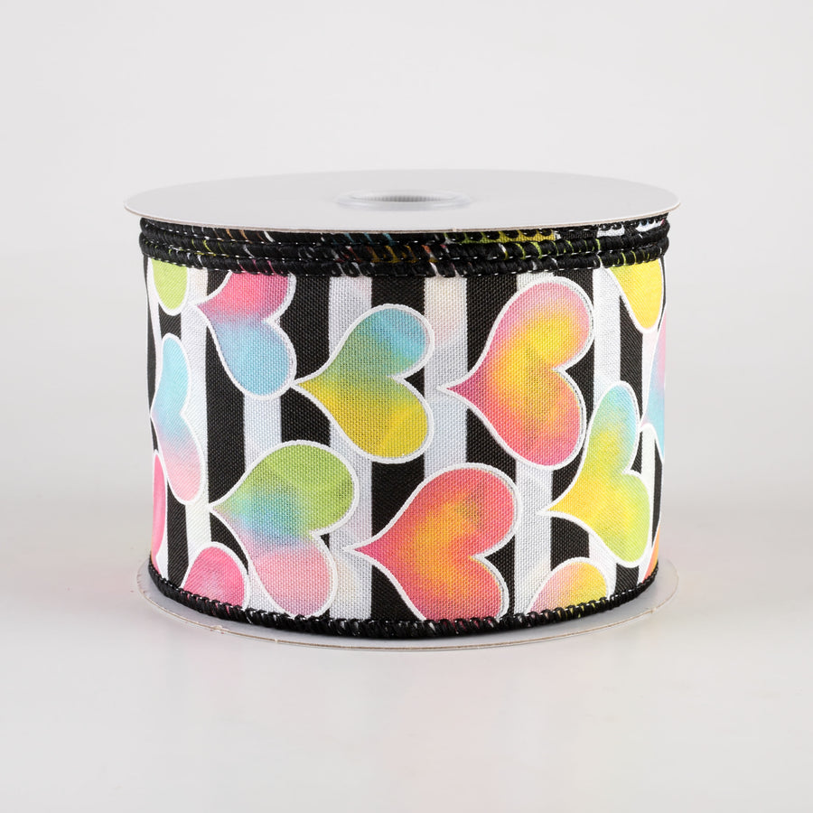 2.5" Ombré Hearts BW Satin Stripe Ribbon: Pink, Yellow, Blue, Green (10 Yards)