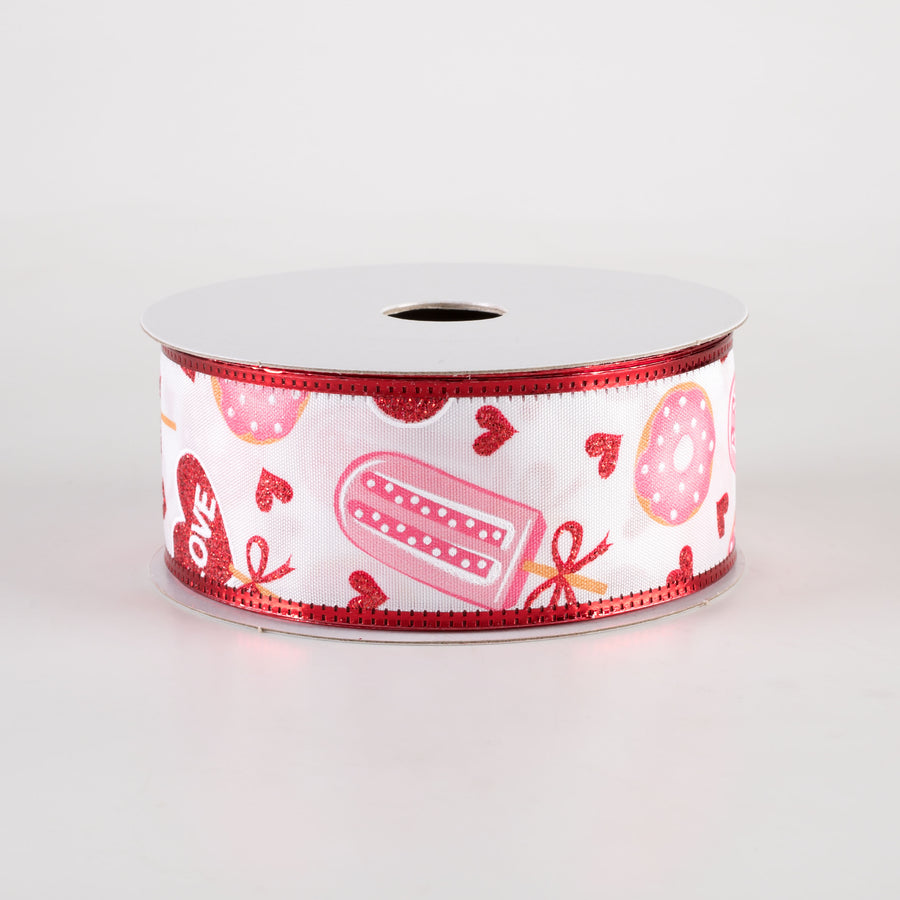 1.5" Valentine's Day Candy & Donuts Satin Ribbon: White, Red, Pink (10 Yards)