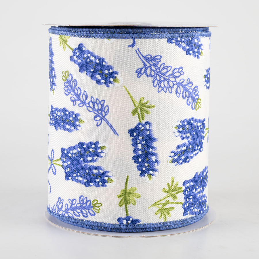4" Bluebonnet Pattern Ribbon: Ivory (10 Yards)