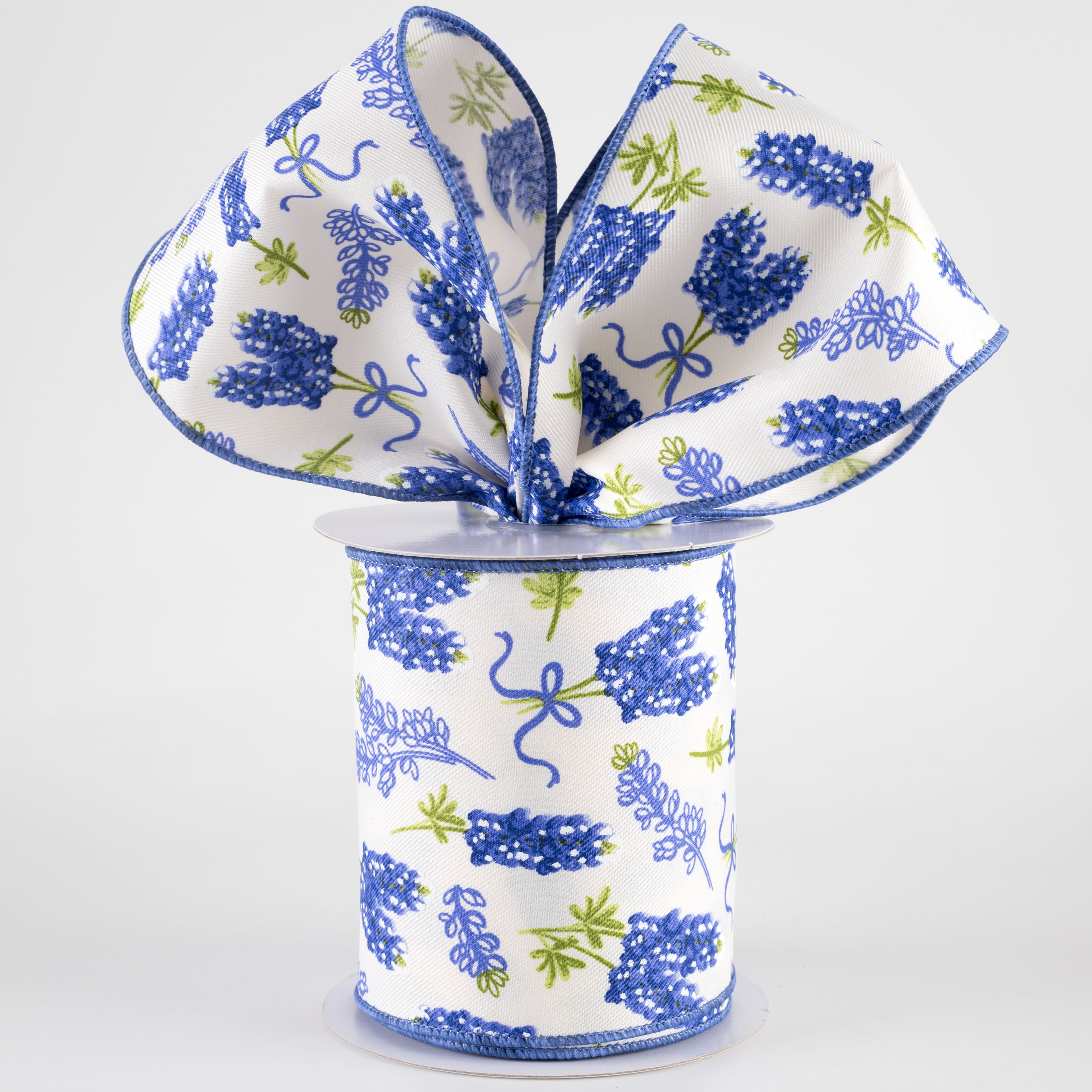 4" Bluebonnet Pattern Ribbon: Ivory (10 Yards)
