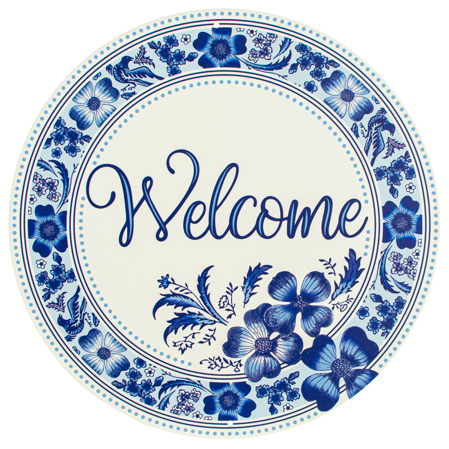 12" Metal Sign: Welcome Blue & White Floral