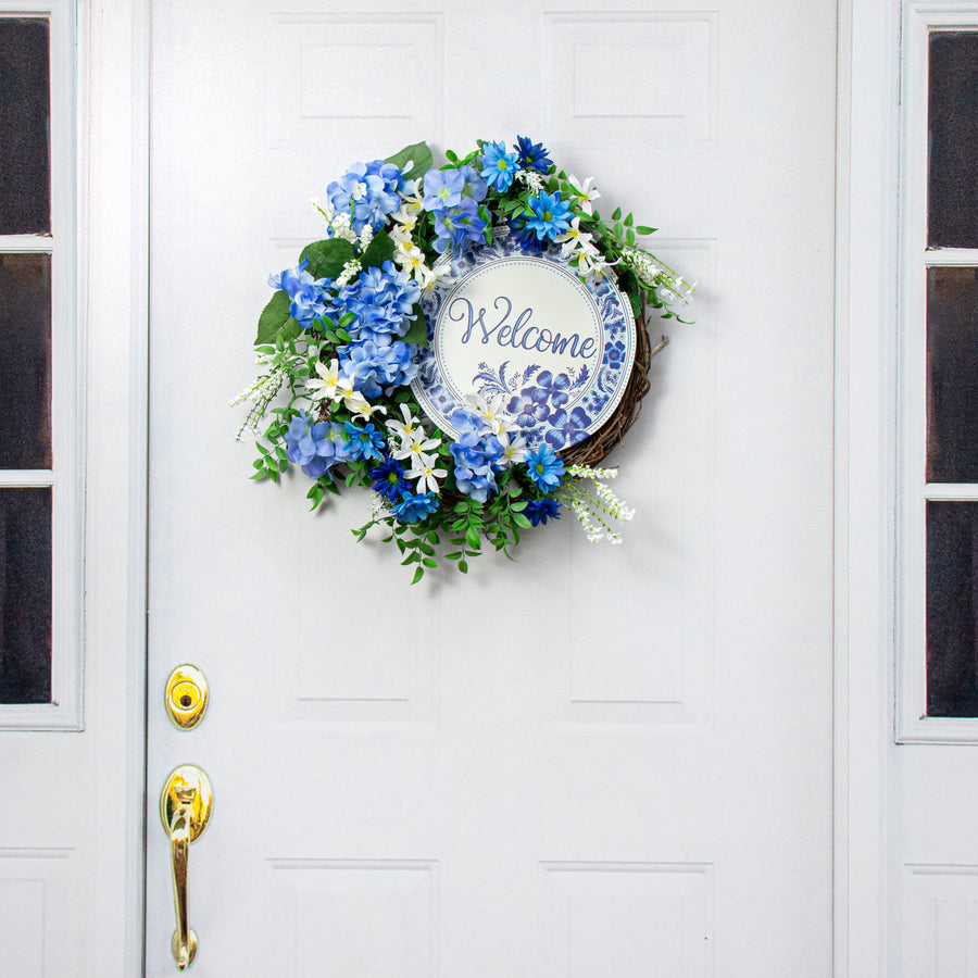 12" Metal Sign: Welcome Blue & White Floral