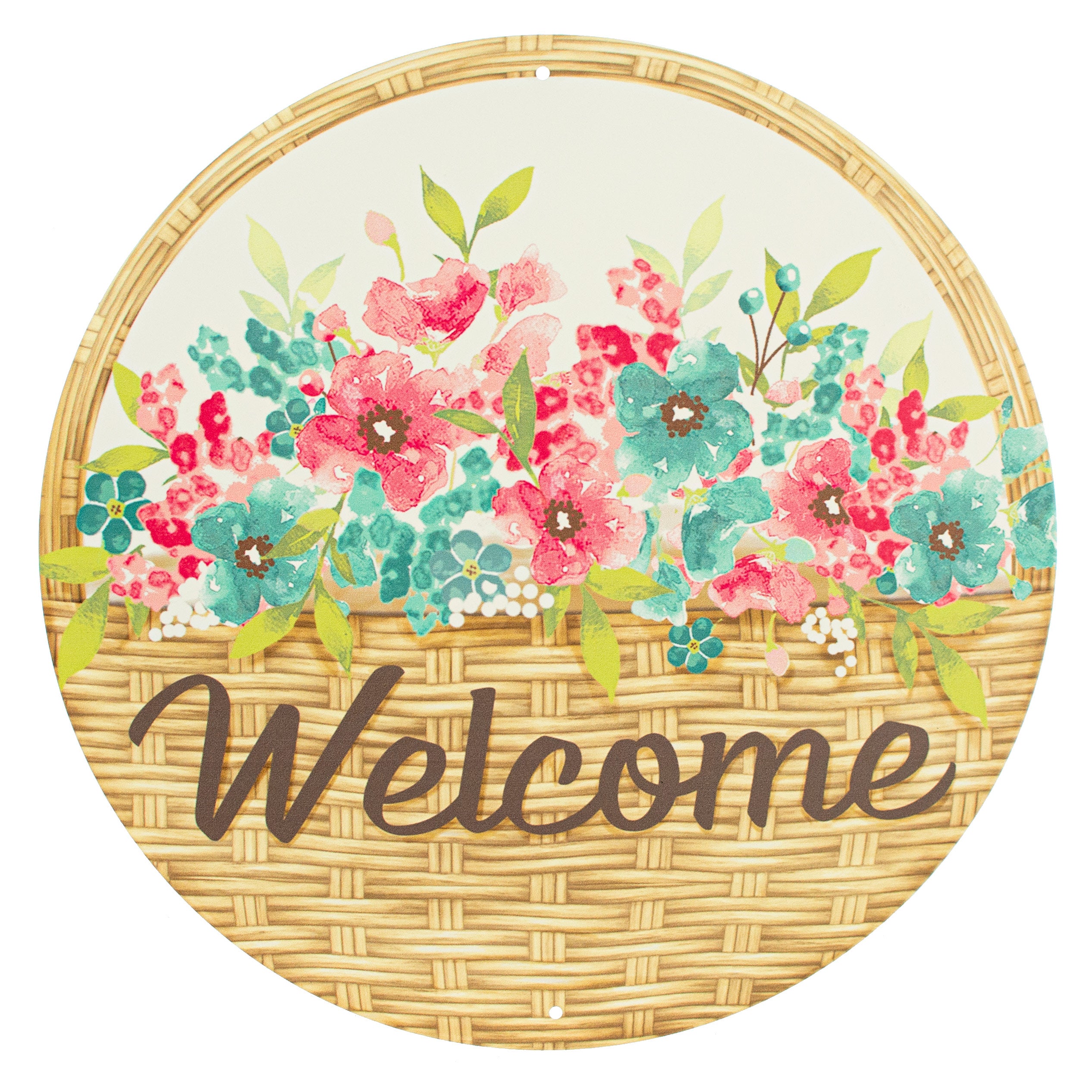 12" Metal Sign: Welcome Flower Basket