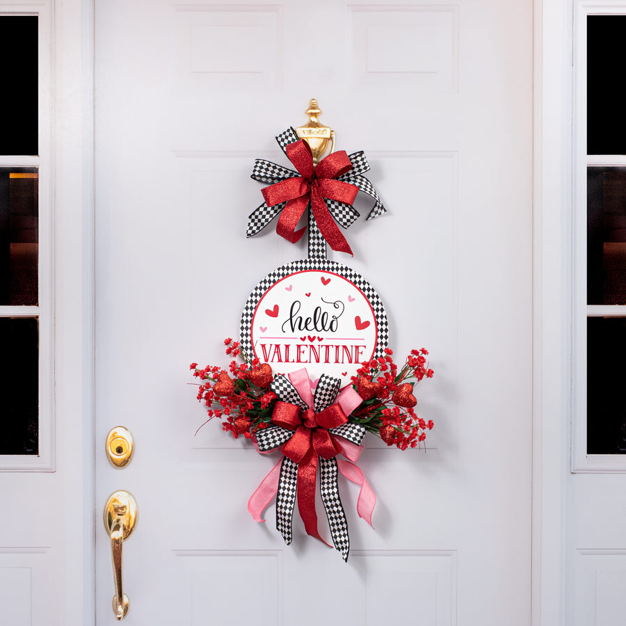12" Round Waterproof BowTie Sign™: Hello Valentine Harlequin