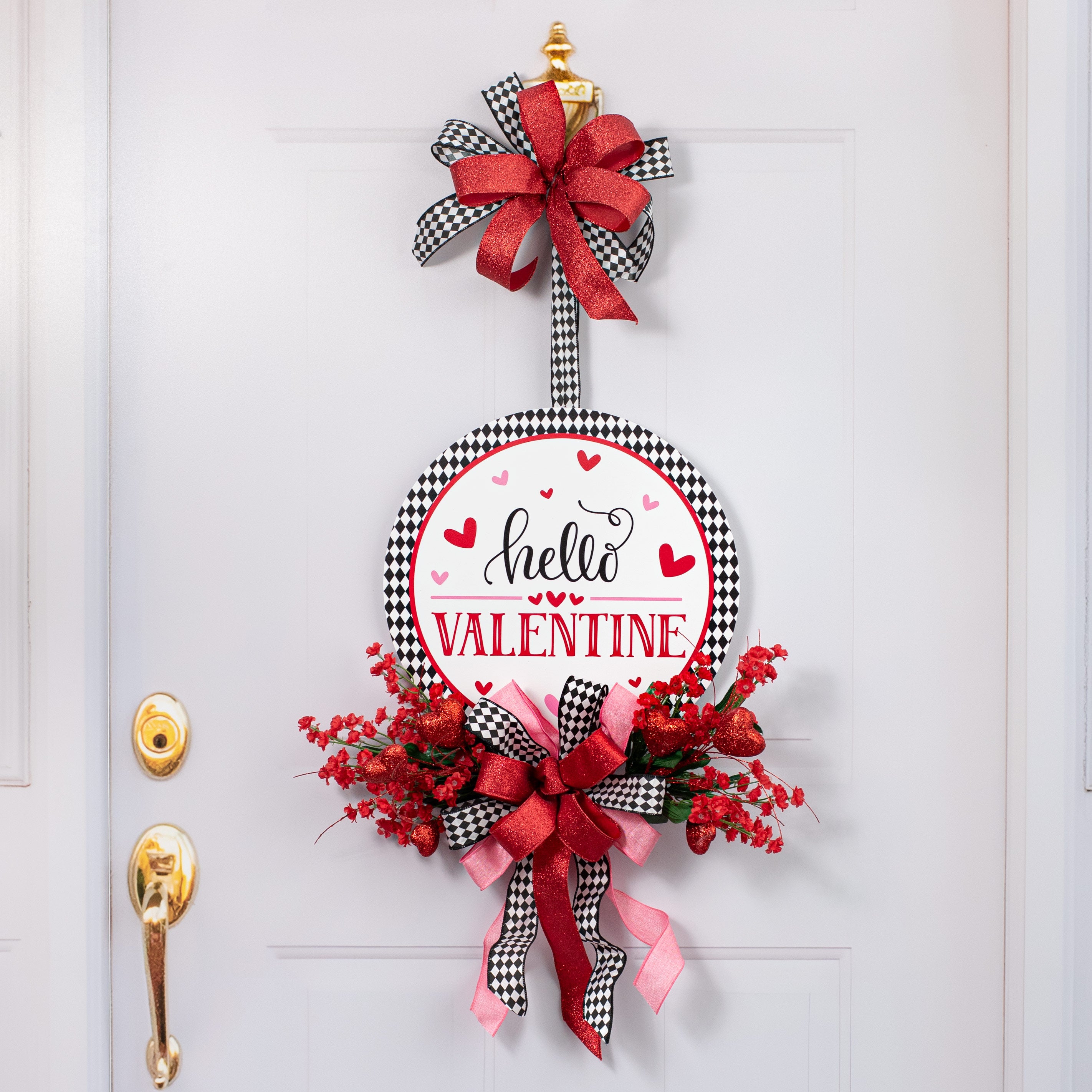 14" Round Waterproof BowTie Sign™: Hello Valentine Harlequin
