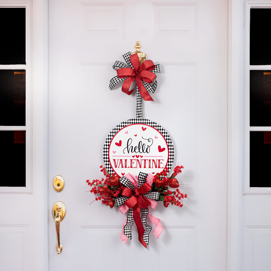 14" Round Waterproof BowTie Sign™: Hello Valentine Harlequin