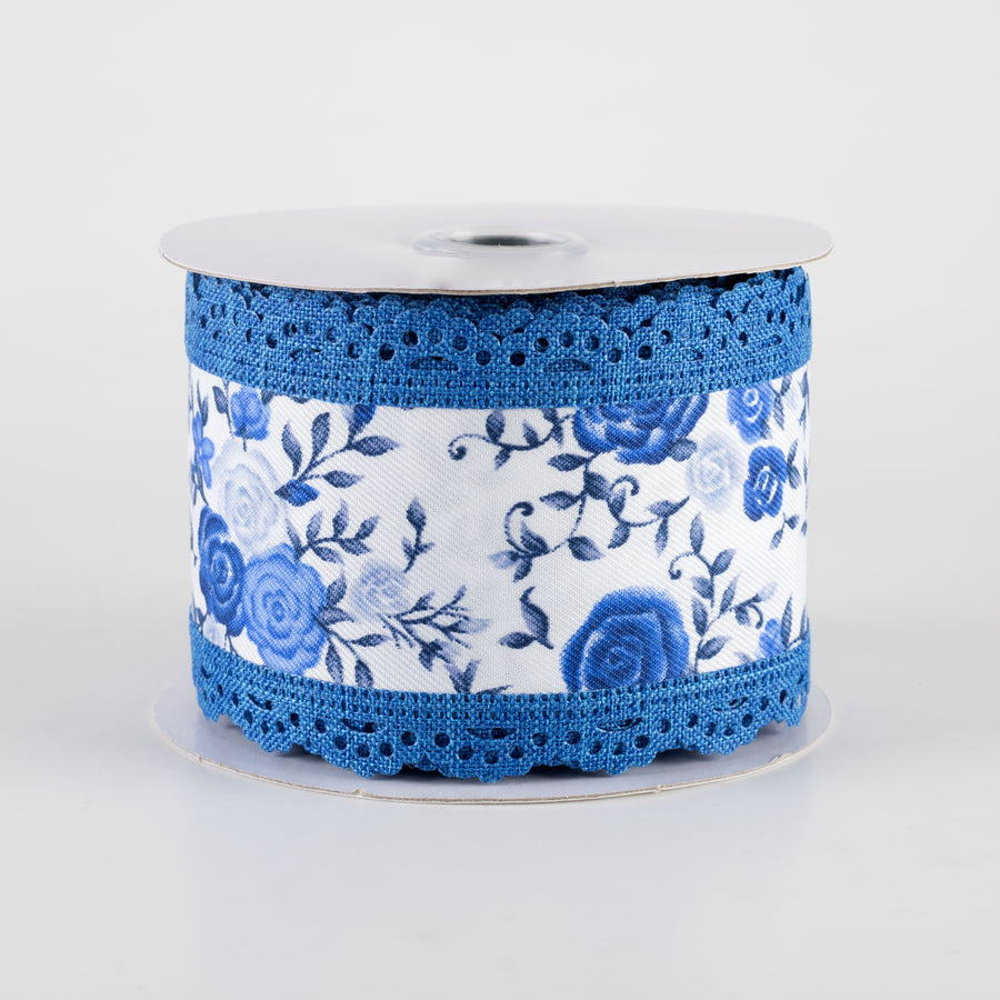 2.5" Mini Roses & Lace Scalloped Edge Ribbon: Blues (10 Yards)