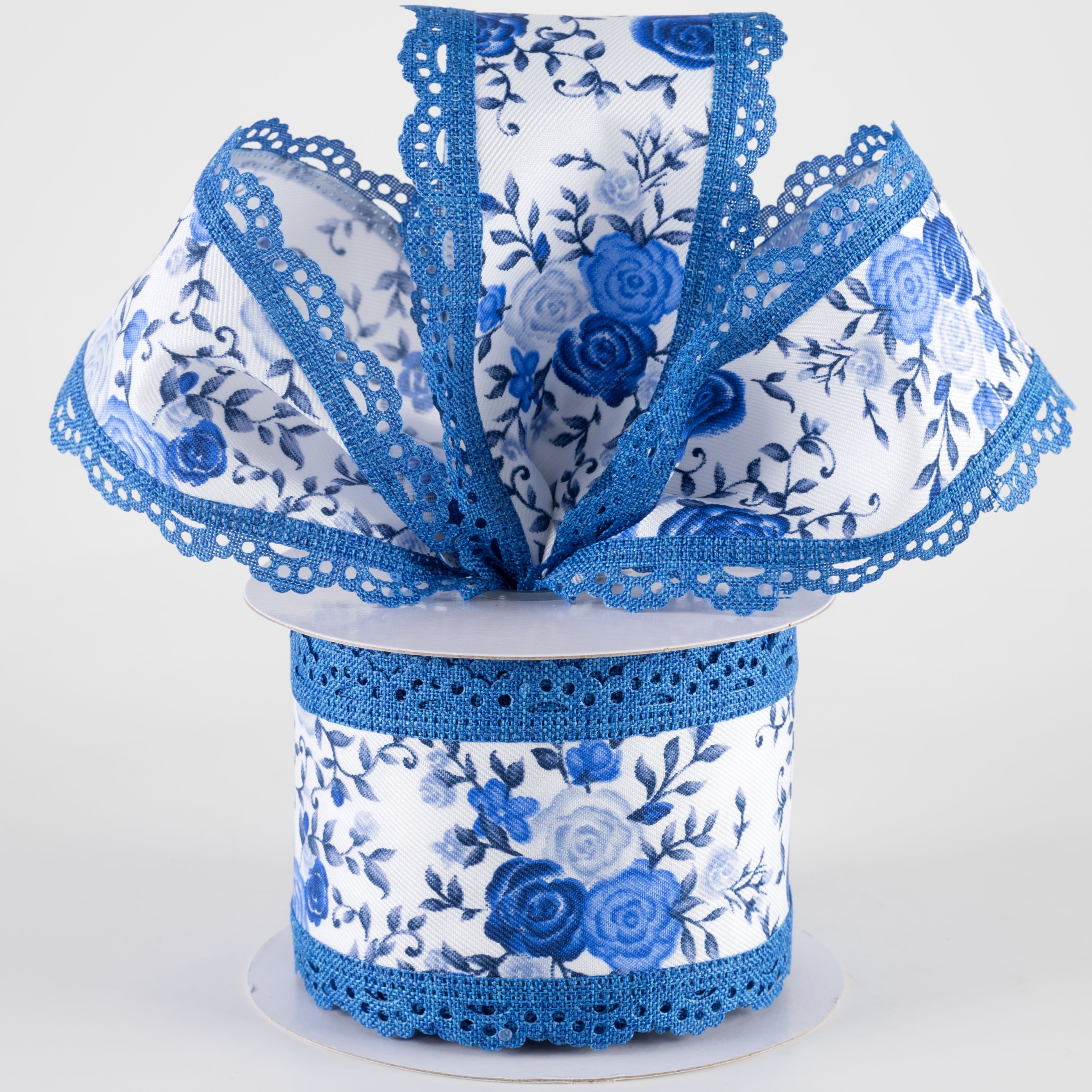 2.5" Mini Roses & Lace Scalloped Edge Ribbon: Blues (10 Yards)