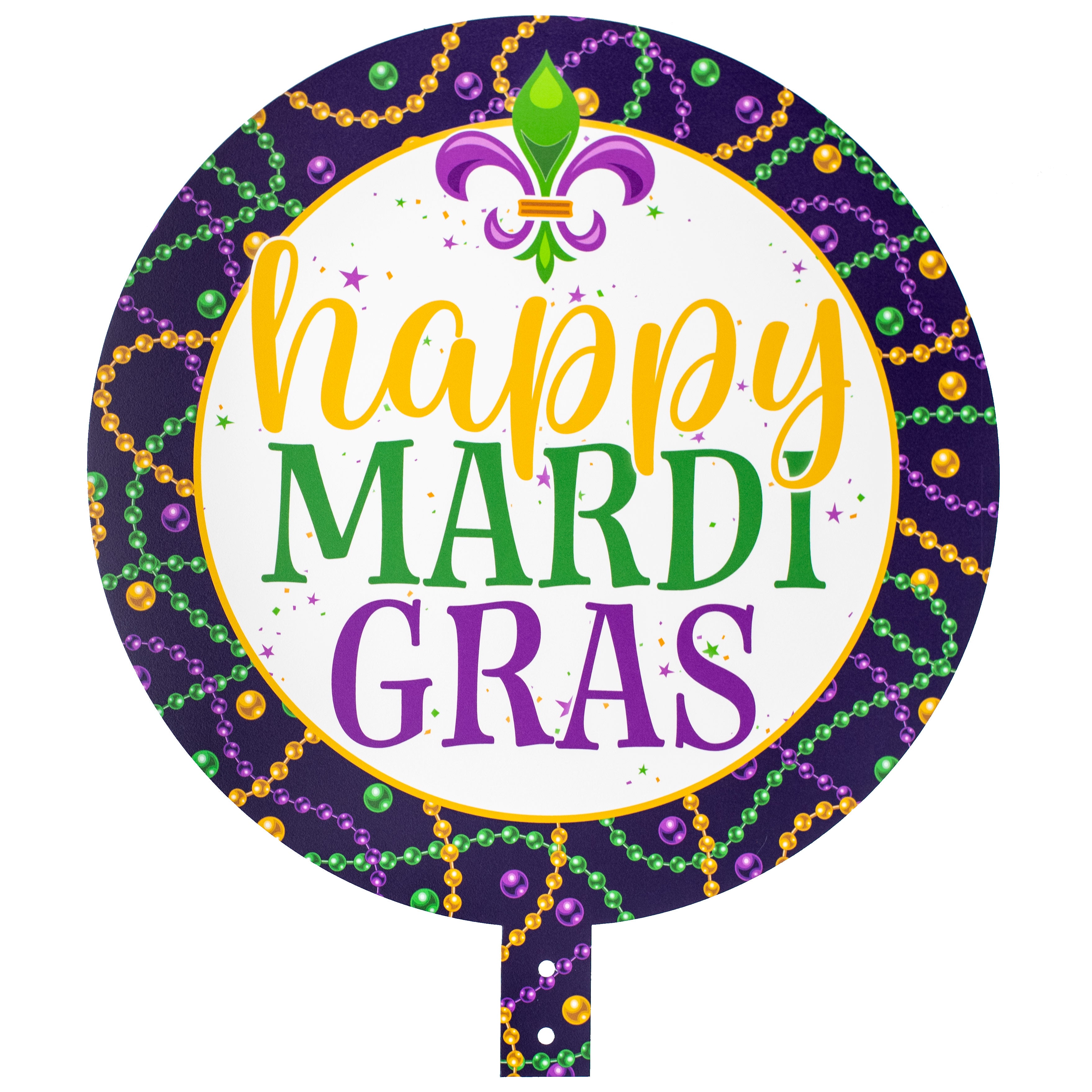 14" Round Waterproof BowTie Sign: Happy Mardi Gras Beads