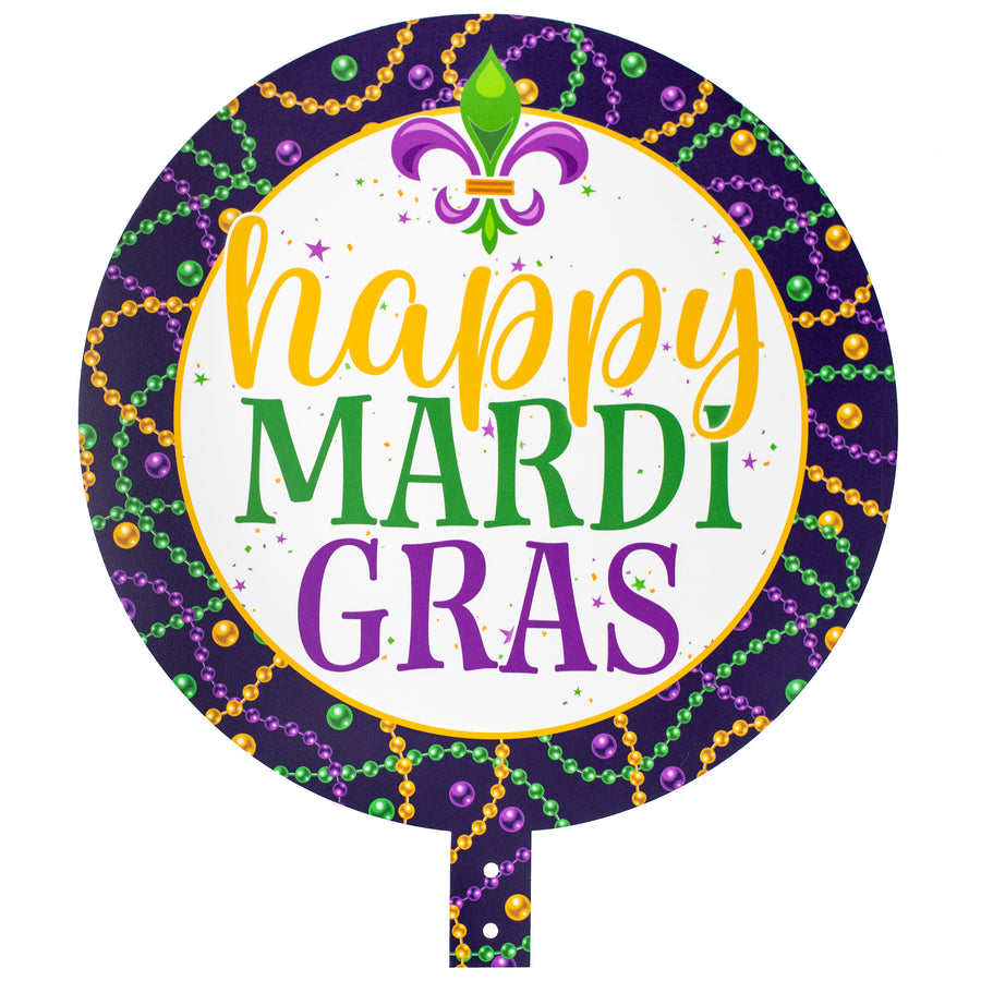 14" Round Waterproof BowTie Sign: Happy Mardi Gras Beads