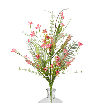 24" Fabric Flower, Leaf, Berry Spray: Pink