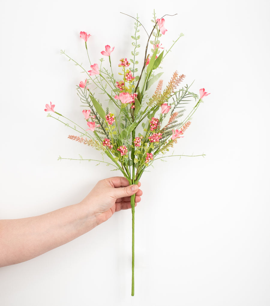 24" Fabric Flower, Leaf, Berry Spray: Pink