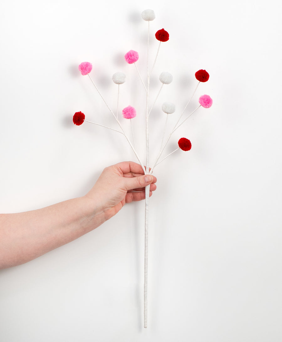 23" 3-Color Pom Pom Spray: Red, White, Light Pink