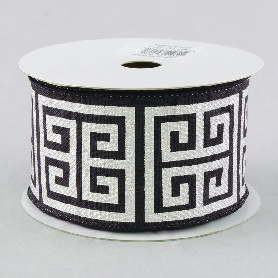 2.5" Greek Key Canvas Ribbon: Black & Silver (10 Yards)