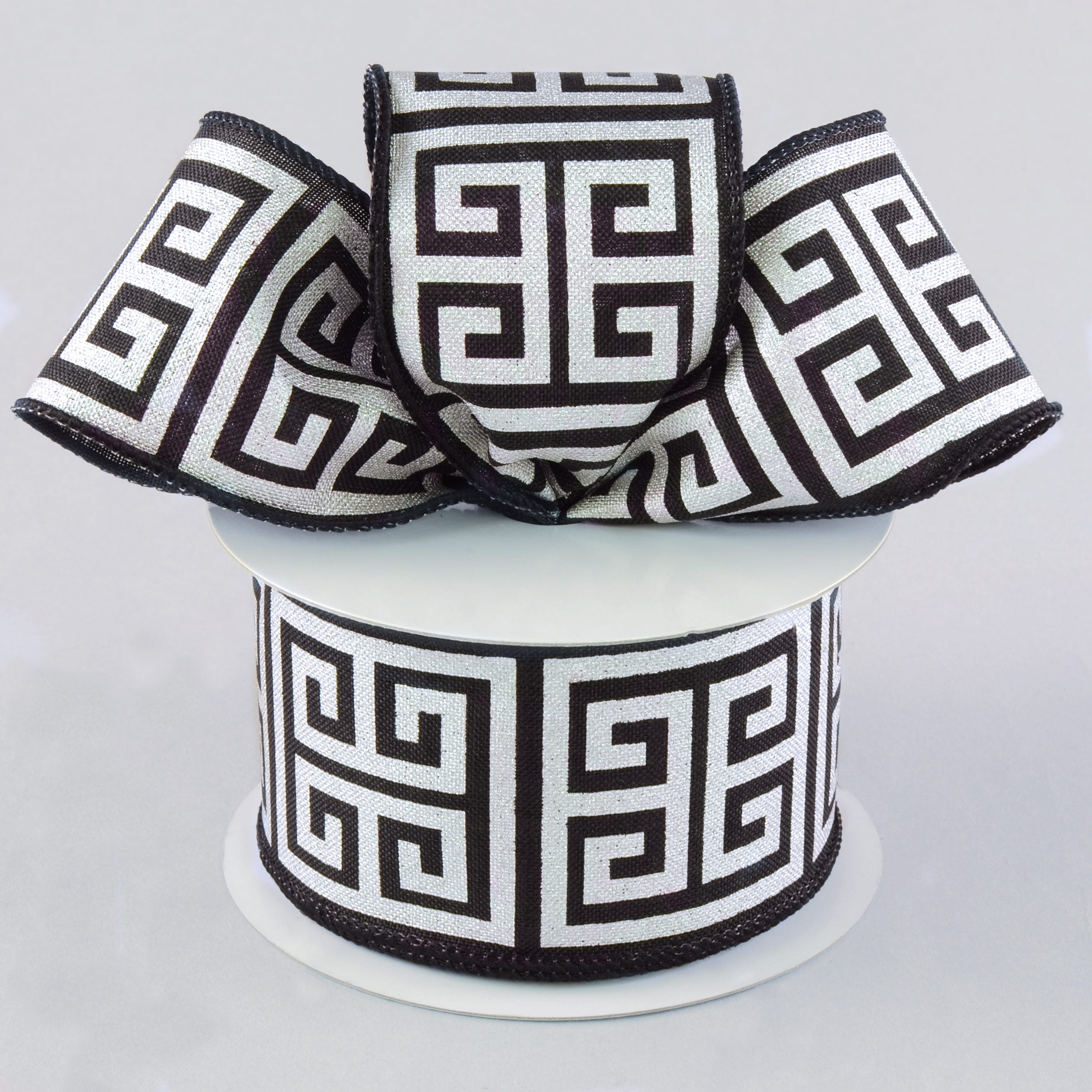 2.5" Greek Key Canvas Ribbon: Black & Silver (10 Yards)