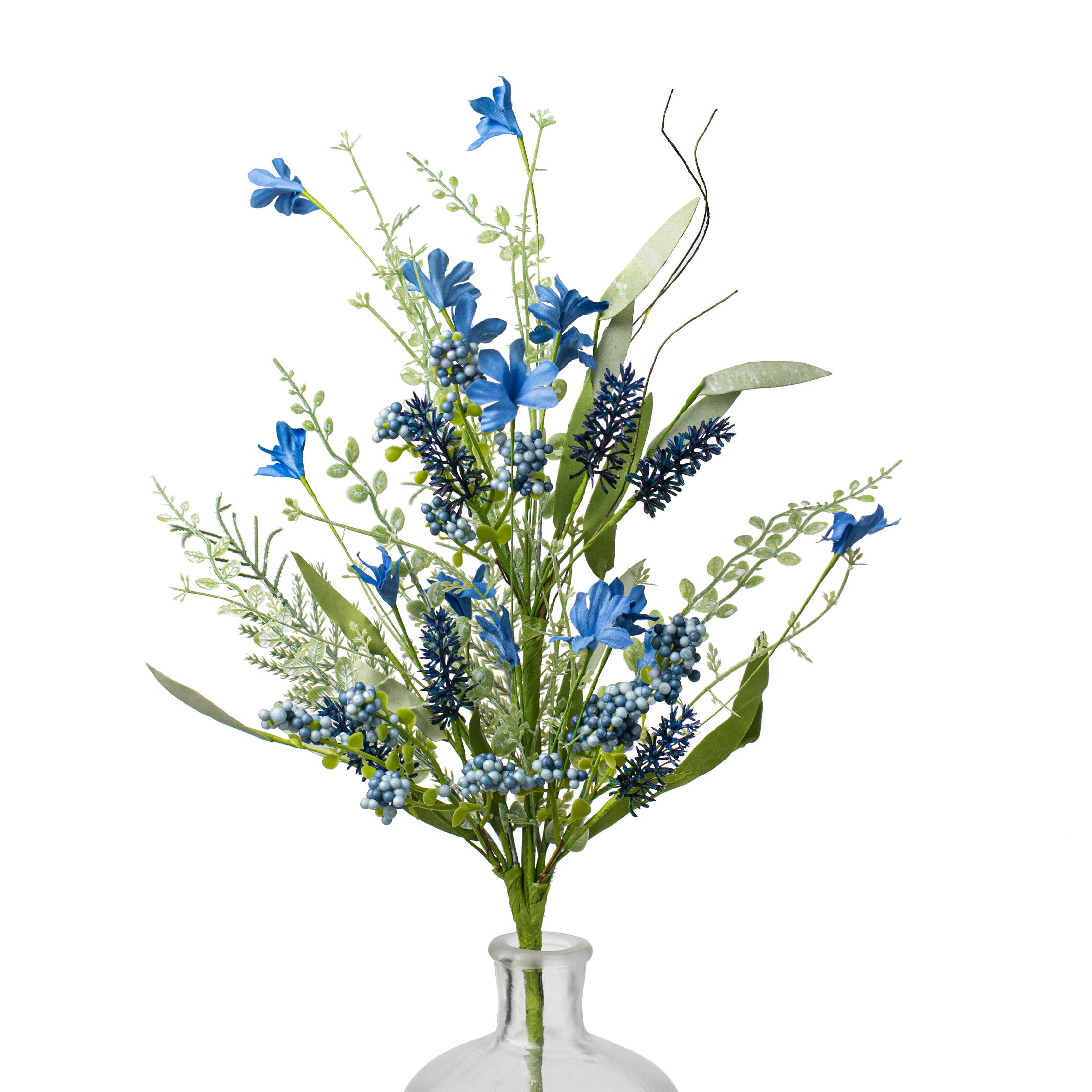24" Fabric Flower, Leaf, Berry Spray: Two-Tone Blue