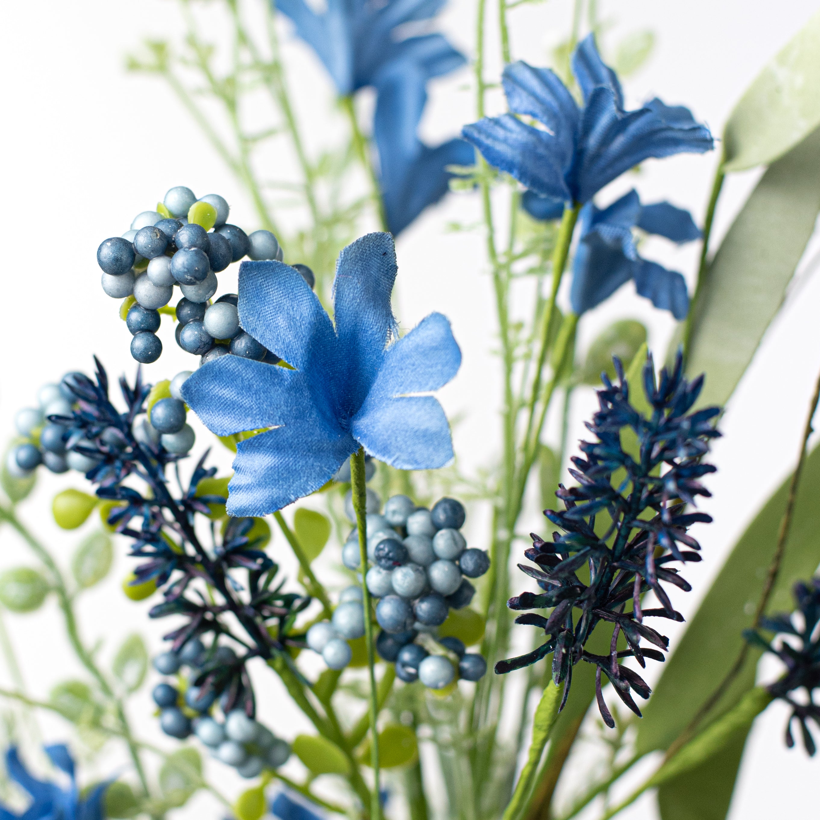 24" Fabric Flower, Leaf, Berry Spray: Two-Tone Blue