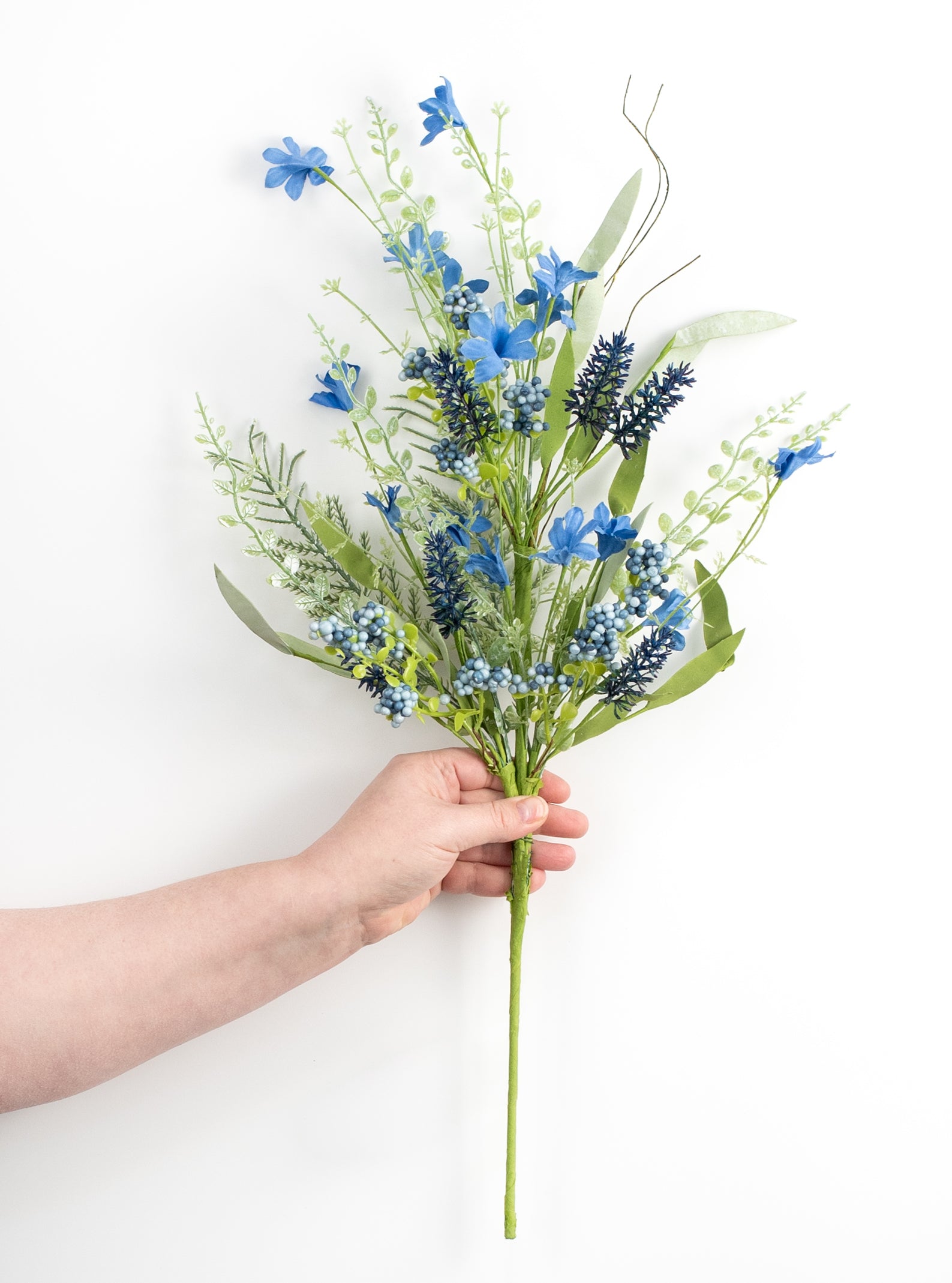 24" Fabric Flower, Leaf, Berry Spray: Two-Tone Blue