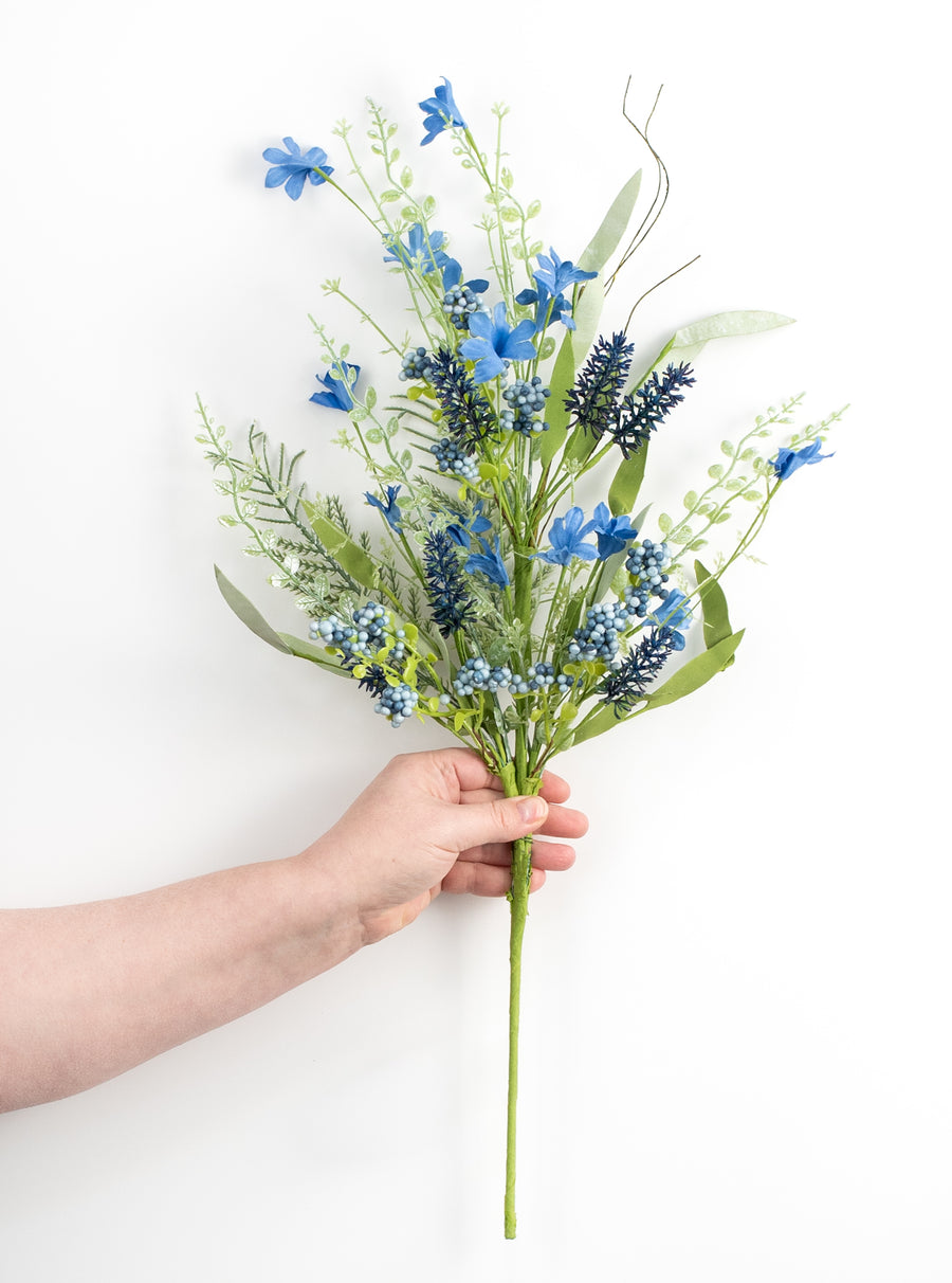 24" Fabric Flower, Leaf, Berry Spray: Two-Tone Blue