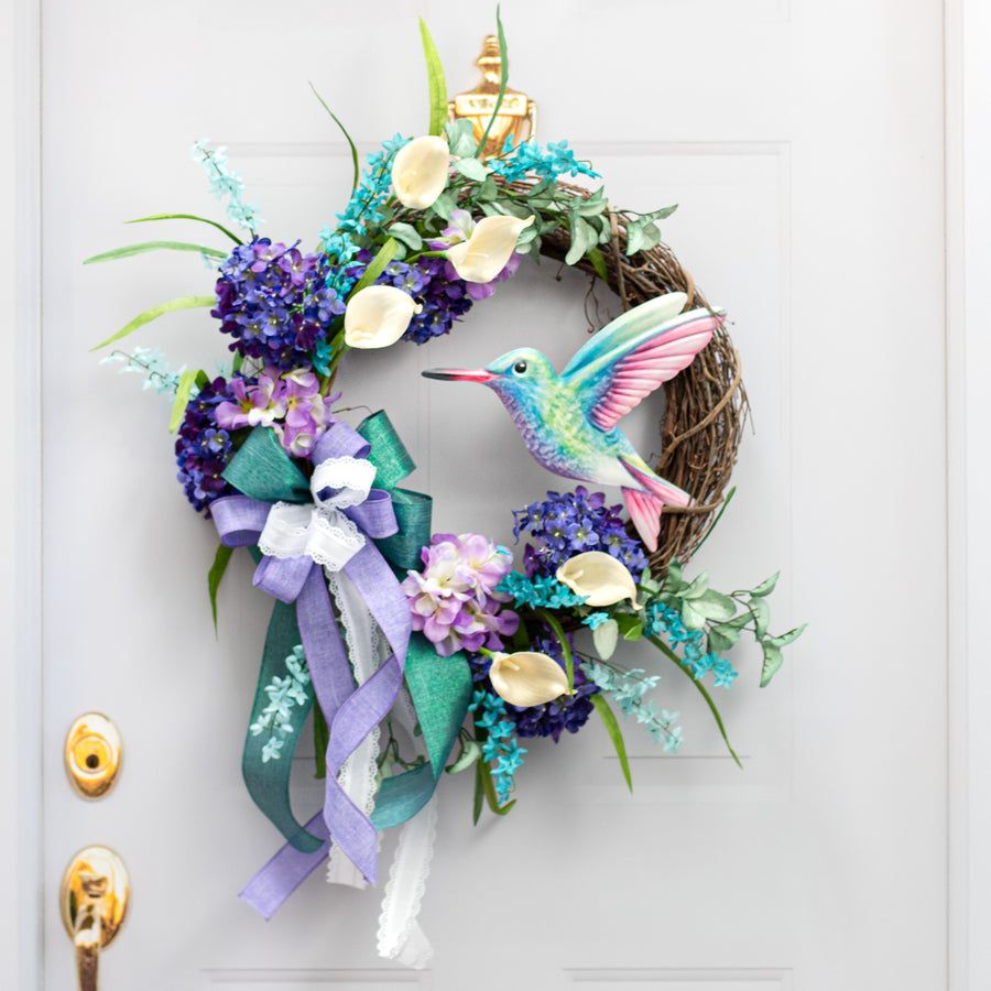 12" Metal Embossed Sign: Green & Pink Hummingbird