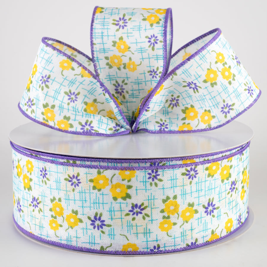 2.5" Linen Textured Flowers Ribbon: Purple, Yellow, Aqua Blue (50 Yards)