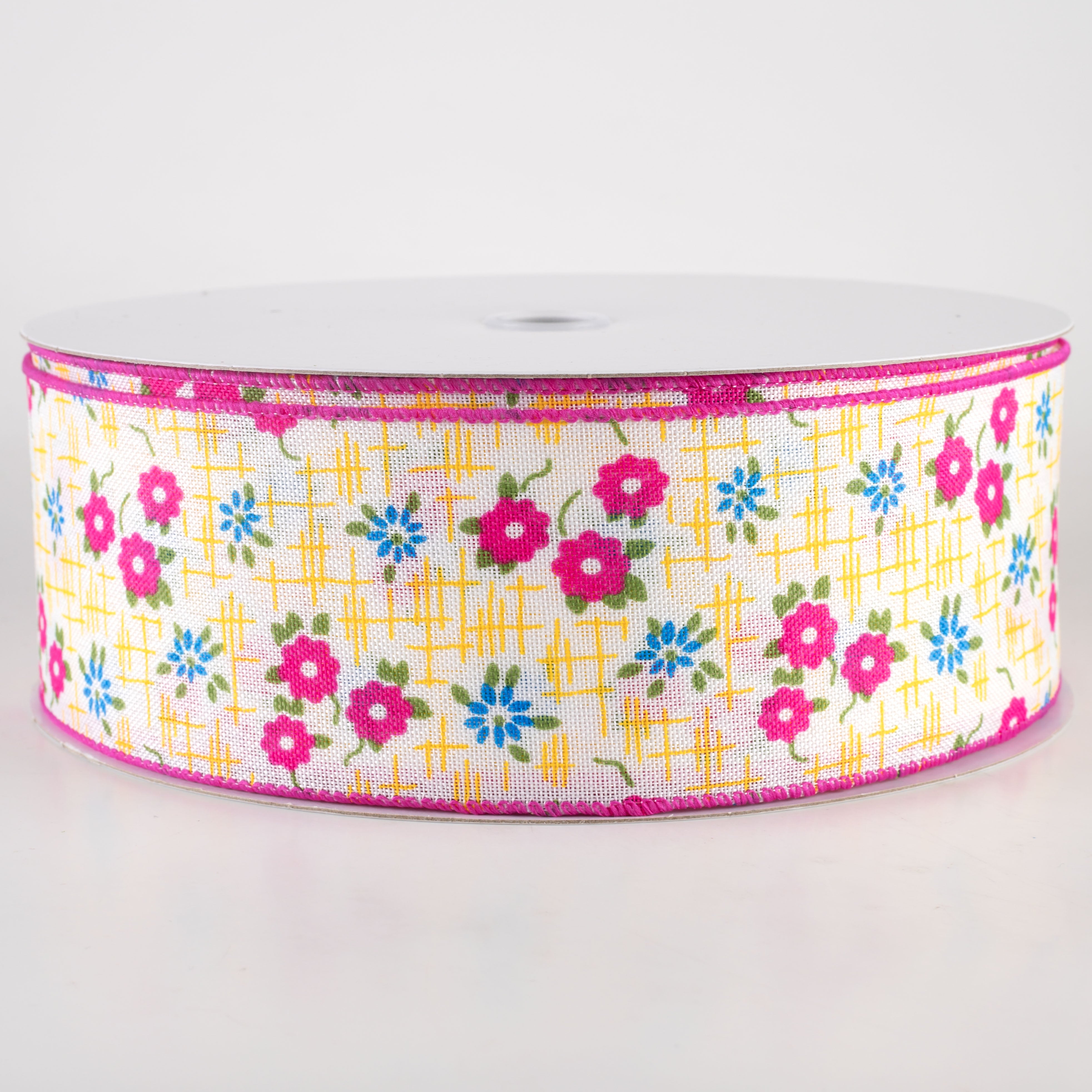 2.5" Linen Textured Flowers Ribbon: Fuchsia Pink, Yellow, Blue (50 Yards)