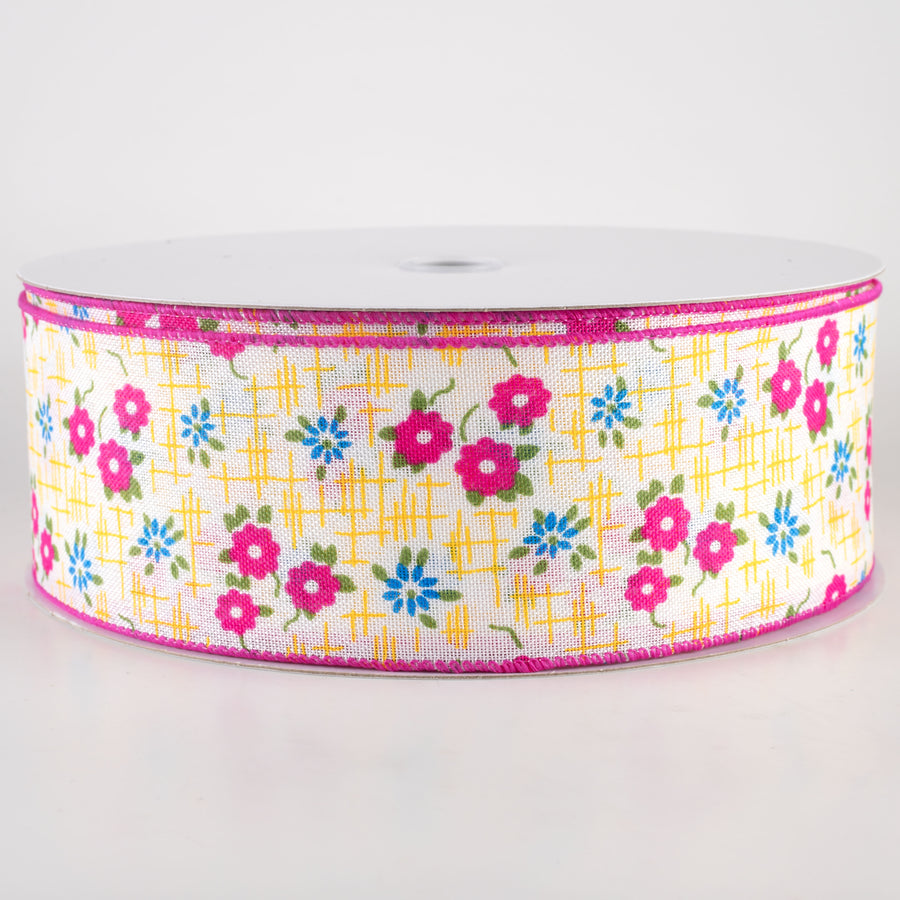 2.5" Linen Textured Flowers Ribbon: Fuchsia Pink, Yellow, Blue (50 Yards)