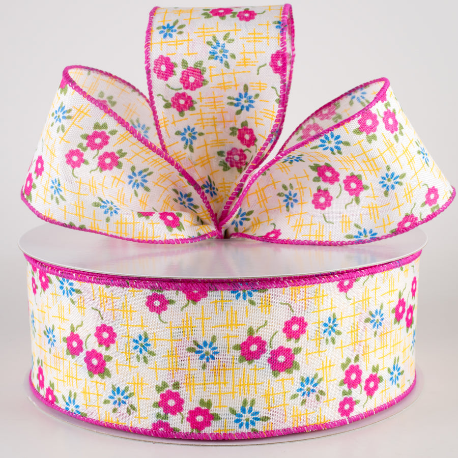 2.5" Linen Textured Flowers Ribbon: Fuchsia Pink, Yellow, Blue (50 Yards)