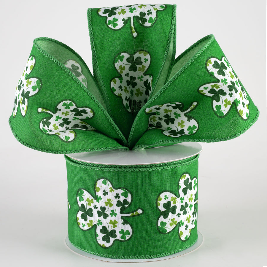 2.5" Satin Shamrock Filled Clover Ribbon: Emerald Green (10 Yards)