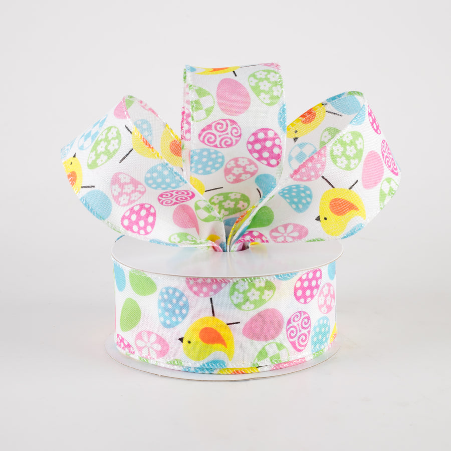 1.5" Linen Patterned Eggs & Chicks Ribbon (10 Yards)