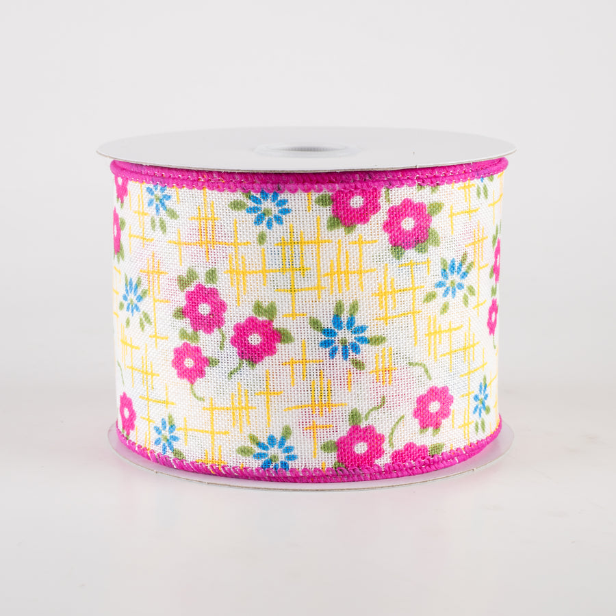 2.5" Linen Textured Flowers Ribbon: Fuchsia Pink, Yellow, Blue (10 Yards)
