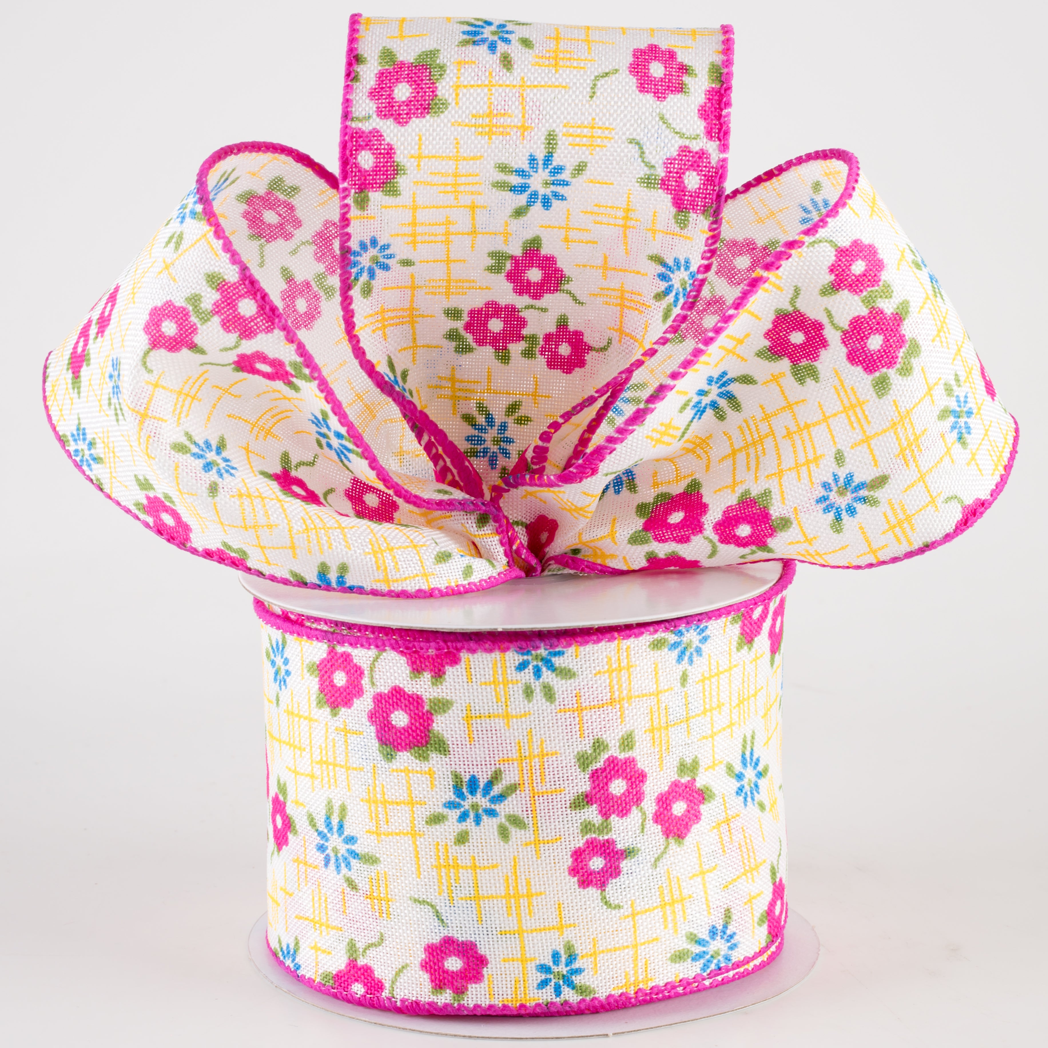 2.5" Linen Textured Flowers Ribbon: Fuchsia Pink, Yellow, Blue (10 Yards)
