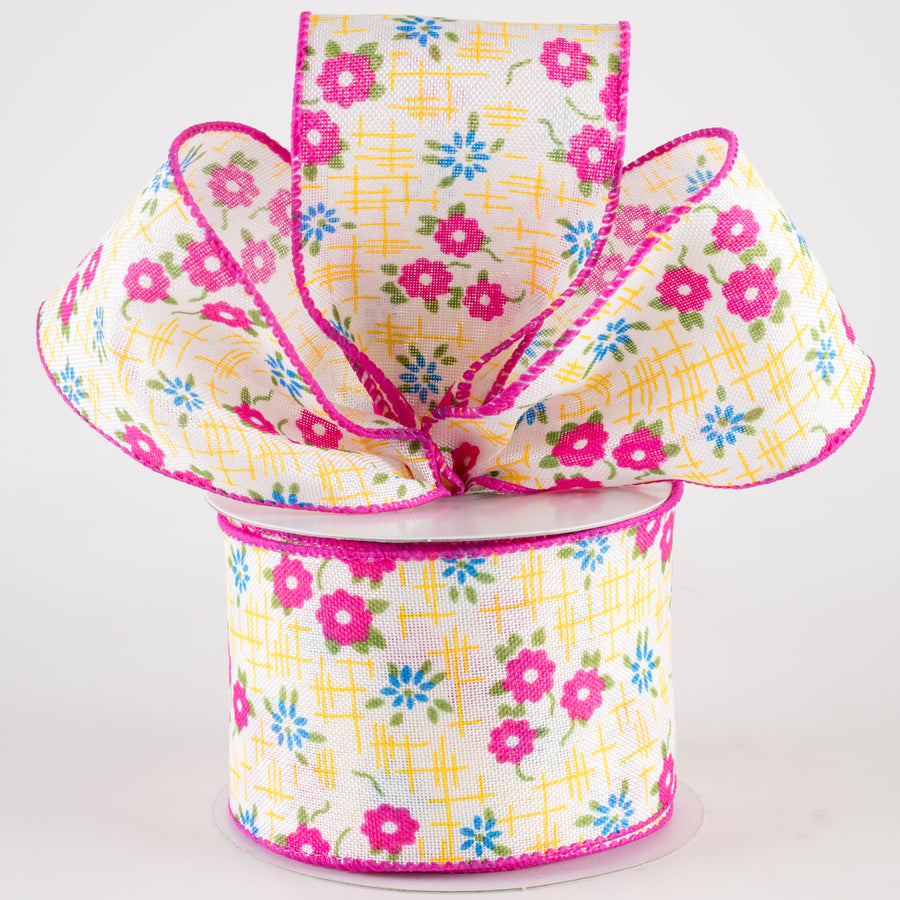 2.5" Linen Textured Flowers Ribbon: Fuchsia Pink, Yellow, Blue (10 Yards)
