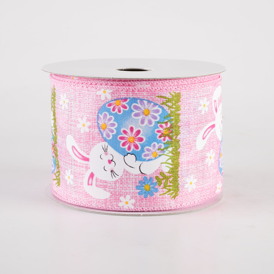 2.5" Linen Happy Bunny Easter Egg Ribbon: Light Pink (10 Yards)