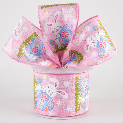 2.5" Linen Happy Bunny Easter Egg Ribbon: Light Pink (10 Yards)