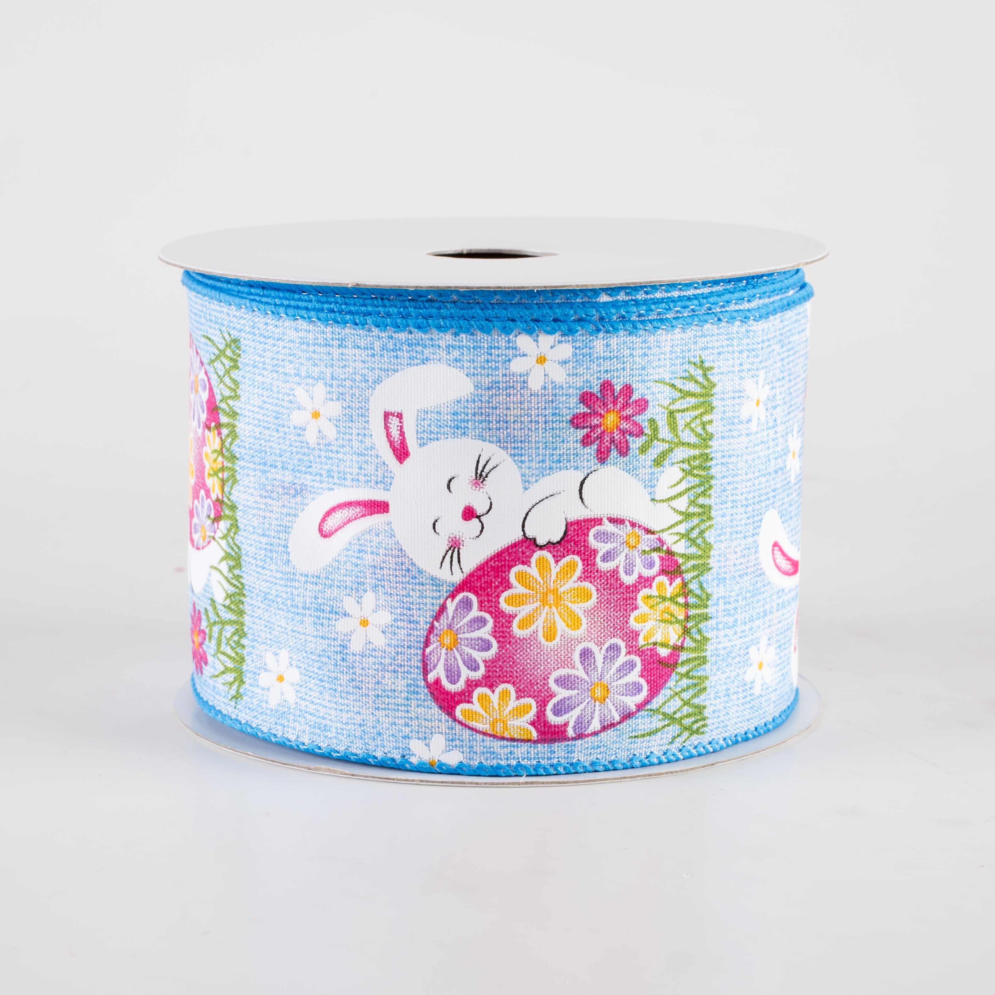 2.5" Linen Happy Bunny Egg Ribbon: Blue (10 Yards)