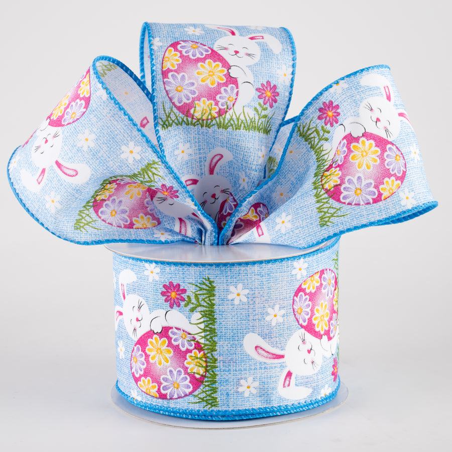 2.5" Linen Happy Bunny Egg Ribbon: Blue (10 Yards)