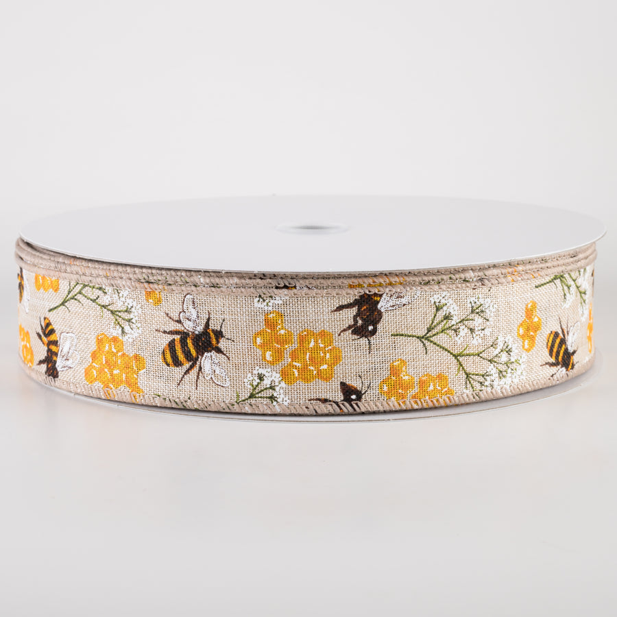 1.5" Linen Bees, Honeycomb, Baby's Breath Ribbon: Natural (50 Yards)