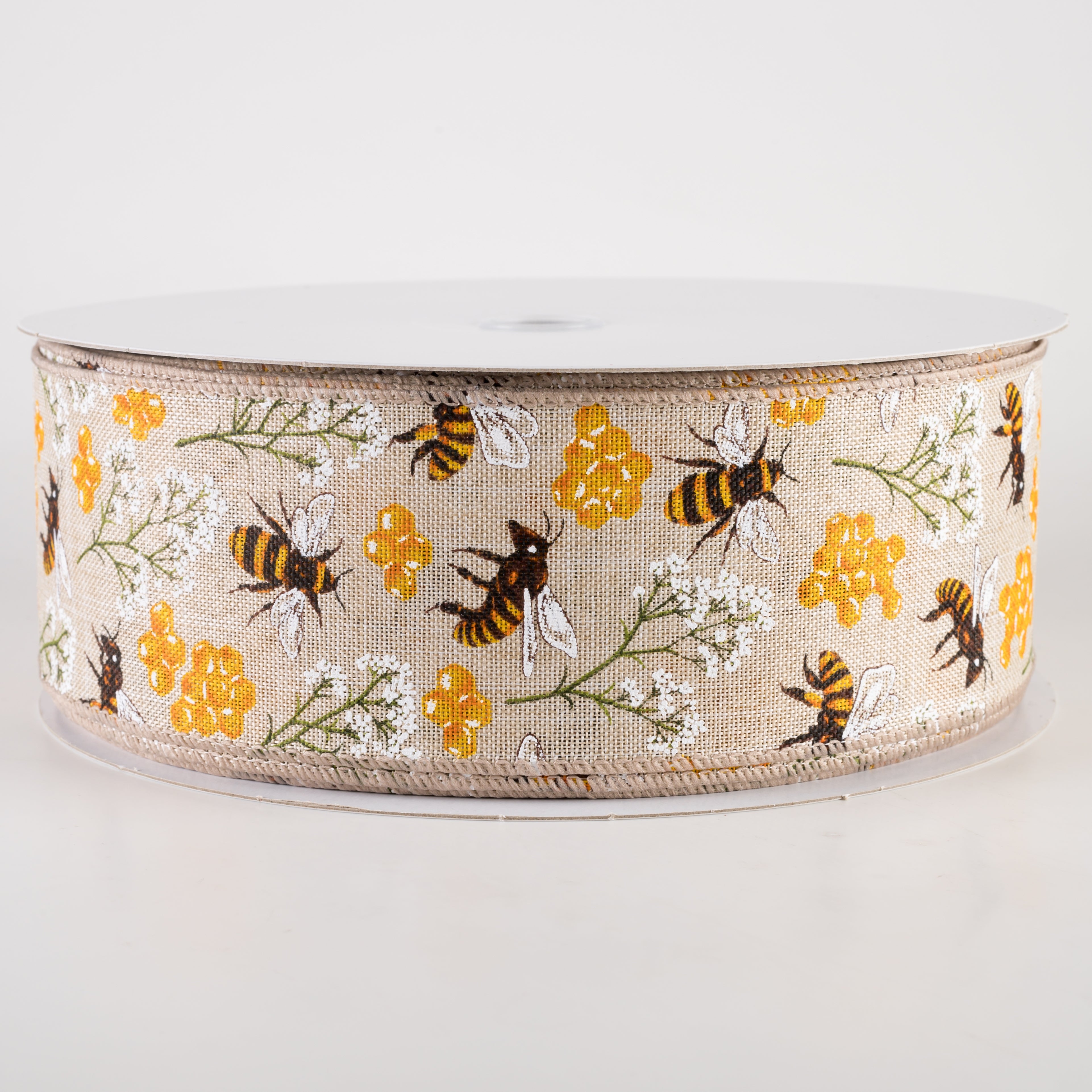 2.5" Linen Bees, Honeycomb, Baby's Breath Ribbon: Natural (50 Yards)