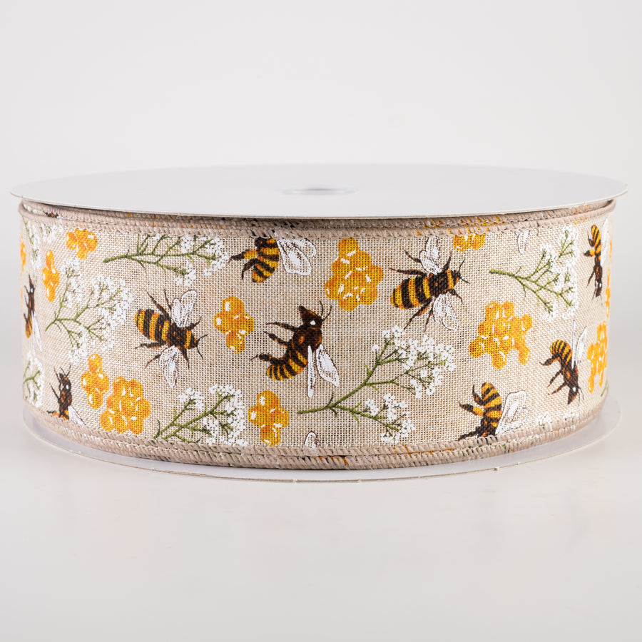 2.5" Linen Bees, Honeycomb, Baby's Breath Ribbon: Natural (50 Yards)