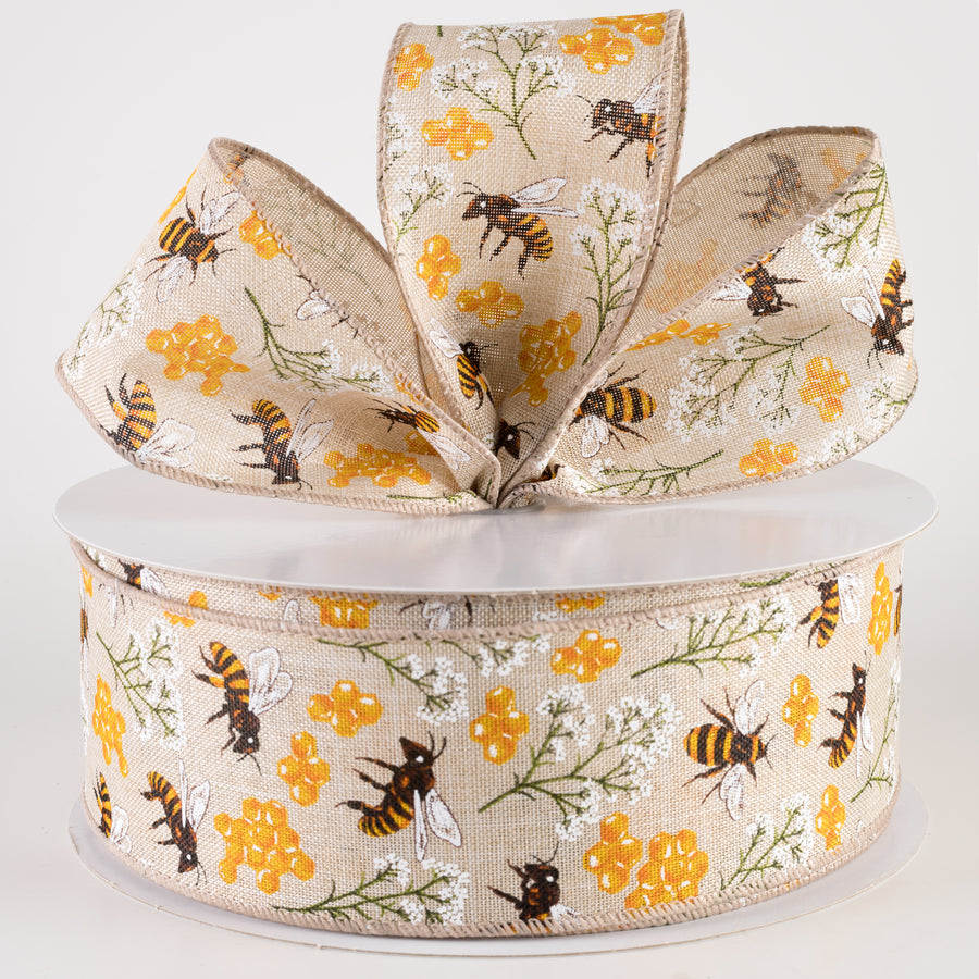 2.5" Linen Bees, Honeycomb, Baby's Breath Ribbon: Natural (50 Yards)