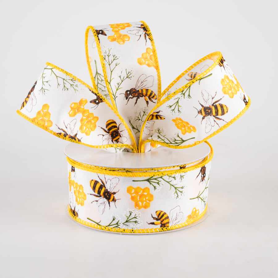 1.5" Satin Bees, Honeycomb, Baby's Breath Ribbon (10 Yards)