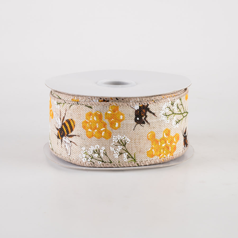 1.5" Linen Bees, Honeycomb, Baby's Breath Ribbon: Natural (10 Yards)