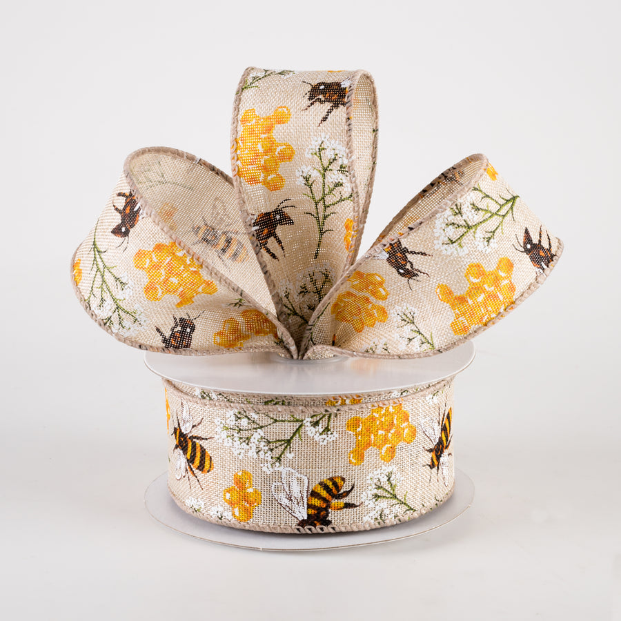 1.5" Linen Bees, Honeycomb, Baby's Breath Ribbon: Natural (10 Yards)