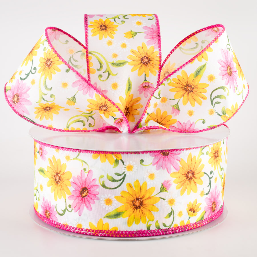 2.5" White Satin Daisies Ribbon: Pink & Yellow (50 Yards)