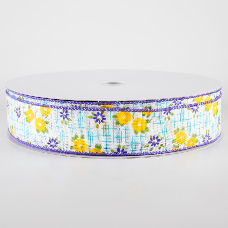 1.5" Linen Textured Flowers Ribbon: Purple, Yellow, Aqua Blue (50 Yards)