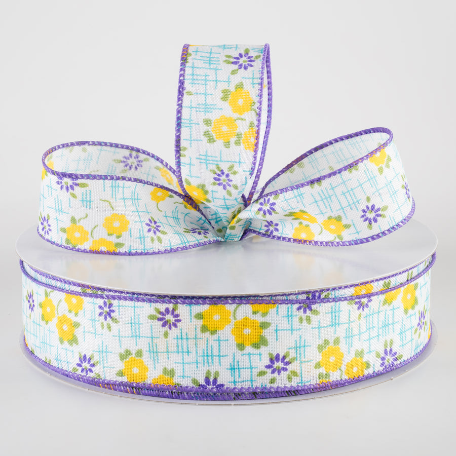 1.5" Linen Textured Flowers Ribbon: Purple, Yellow, Aqua Blue (50 Yards)