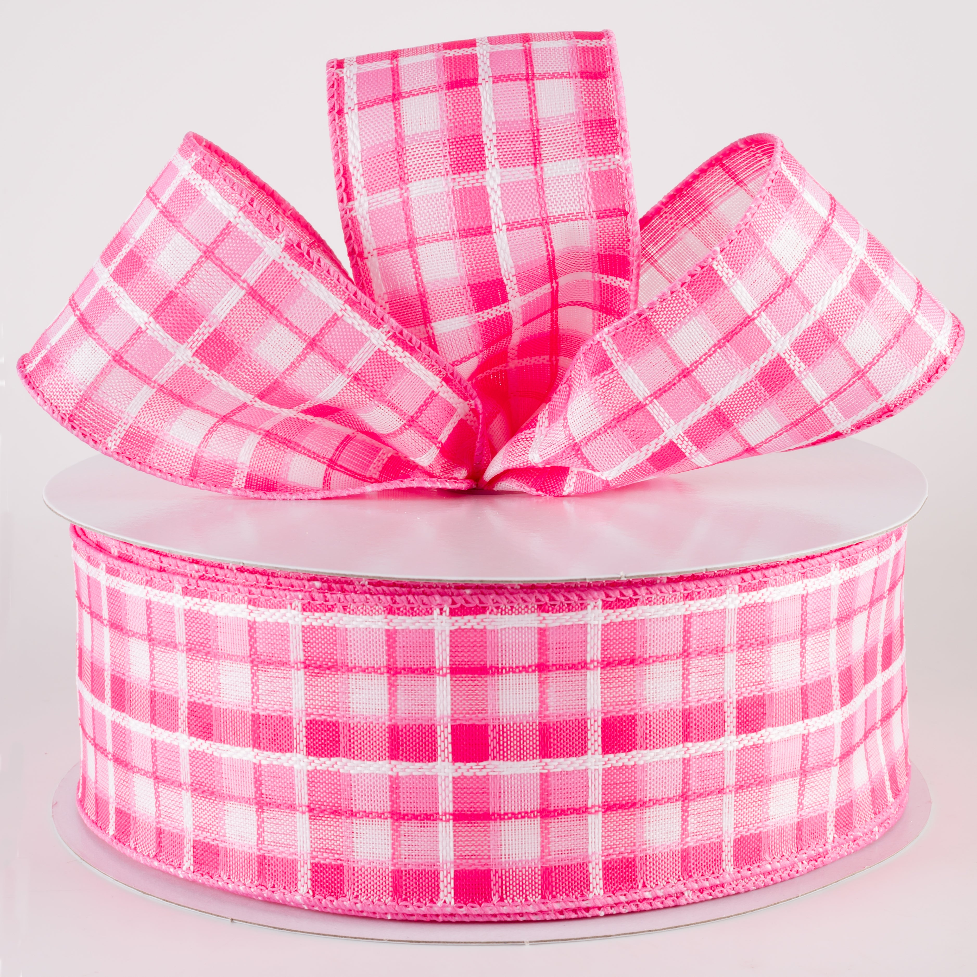 2.5" Kentini Plaid Ribbon: Pink & White (50 Yards)