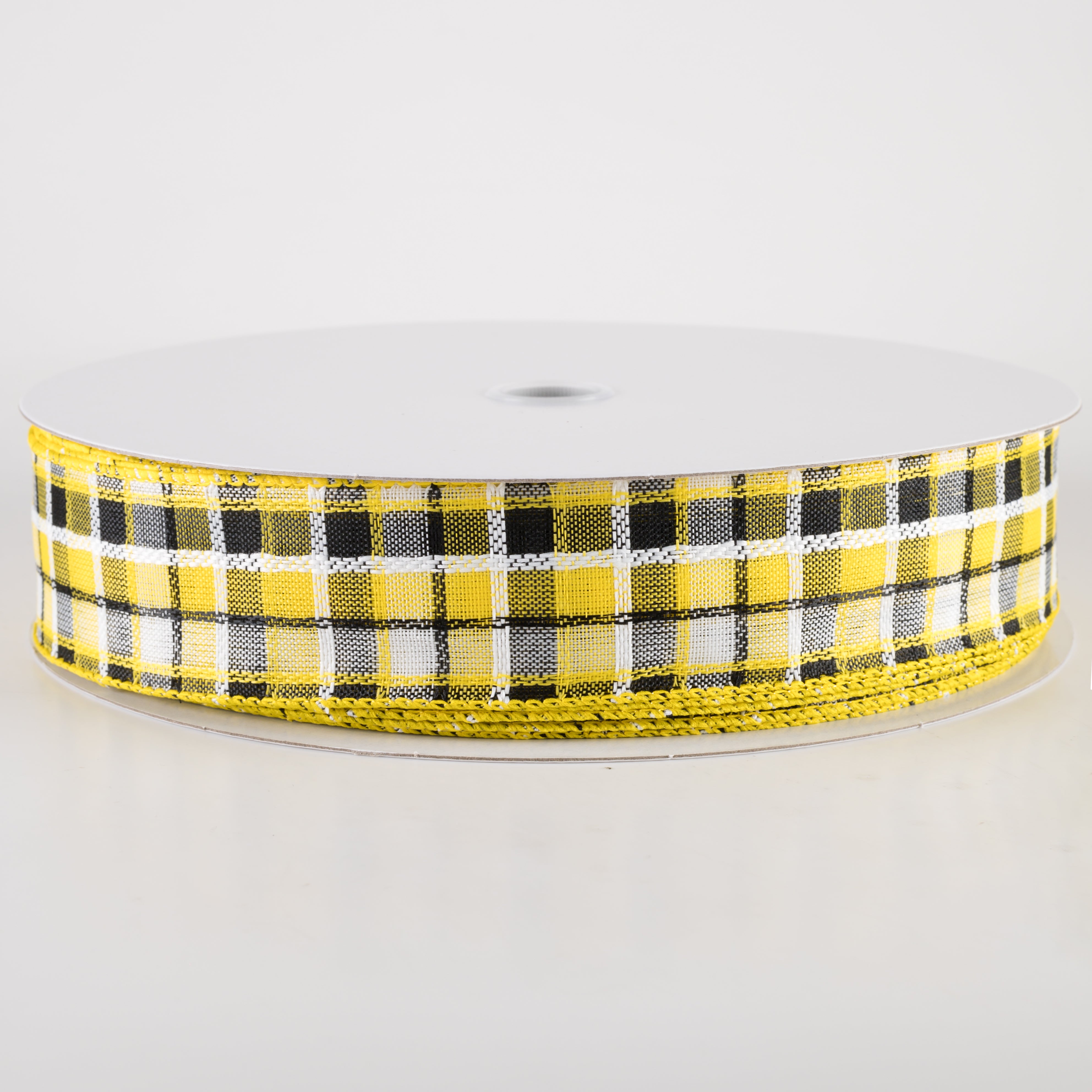 1.5" Kentini Plaid Ribbon: Yellow, Black, White (50 Yards)